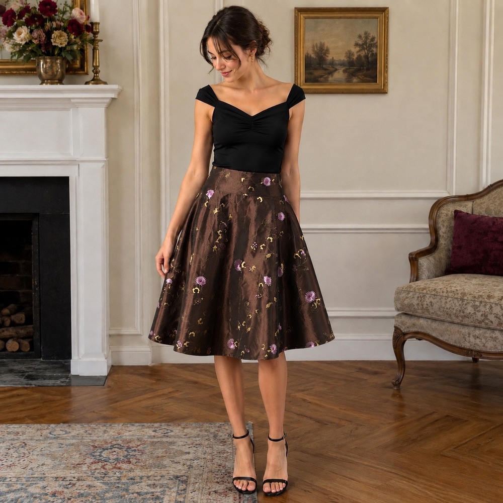 Vintage 90s Bentley A. Size 4 Brown Floral Embroidered Taffeta Midi Skirt